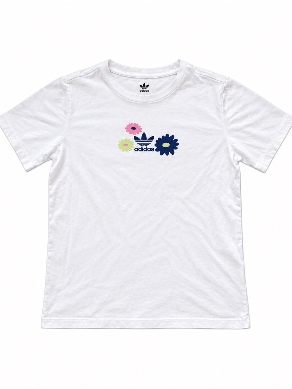 adidas White Tee with Pink, Lime, and Navy Floral Logo